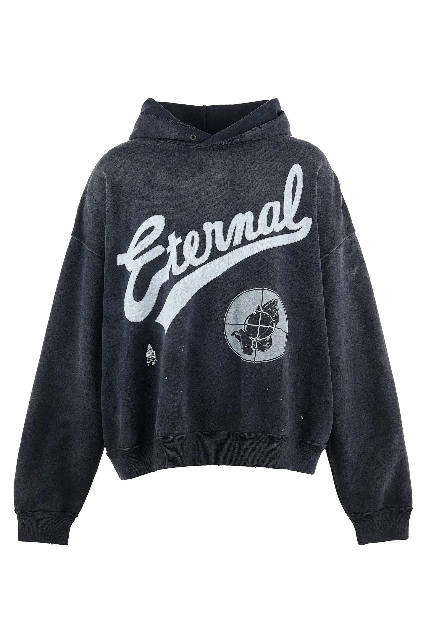 SAINT Mxxxxxx × FEAR OF GOD FG_HOODIE/SNT OF GOD/BLK FOG joint model ETERNAL praying crosshair distressed hoodie. Washed black S-XL. This season's popular super popular joint model. The original version is the same. Thin spring and summer fabrics. The upper body is comfortable. The BOXY version of the short fat wide shoulder line. Fashion darling wears it with a high-end feel. Heavy washing and water fading technology. The horse is repositioned. Excessive wear and damage graffiti treatment. Correct version FOG joint main mark/wash mark/little angel mark